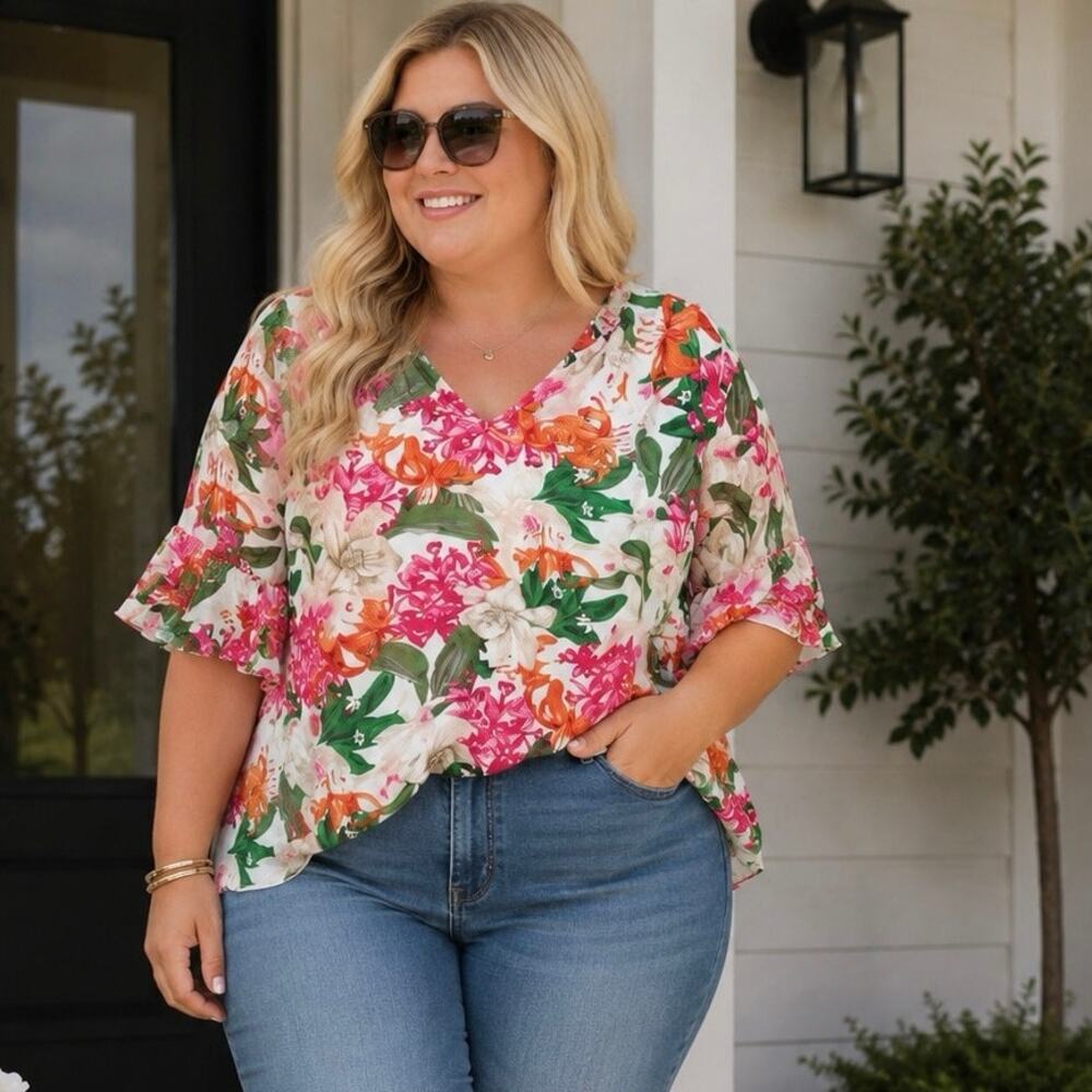 CECE Pink Green Tropical Floral V-Neck Flutter Sleeve Loose Fit Blouse Top sz 3X